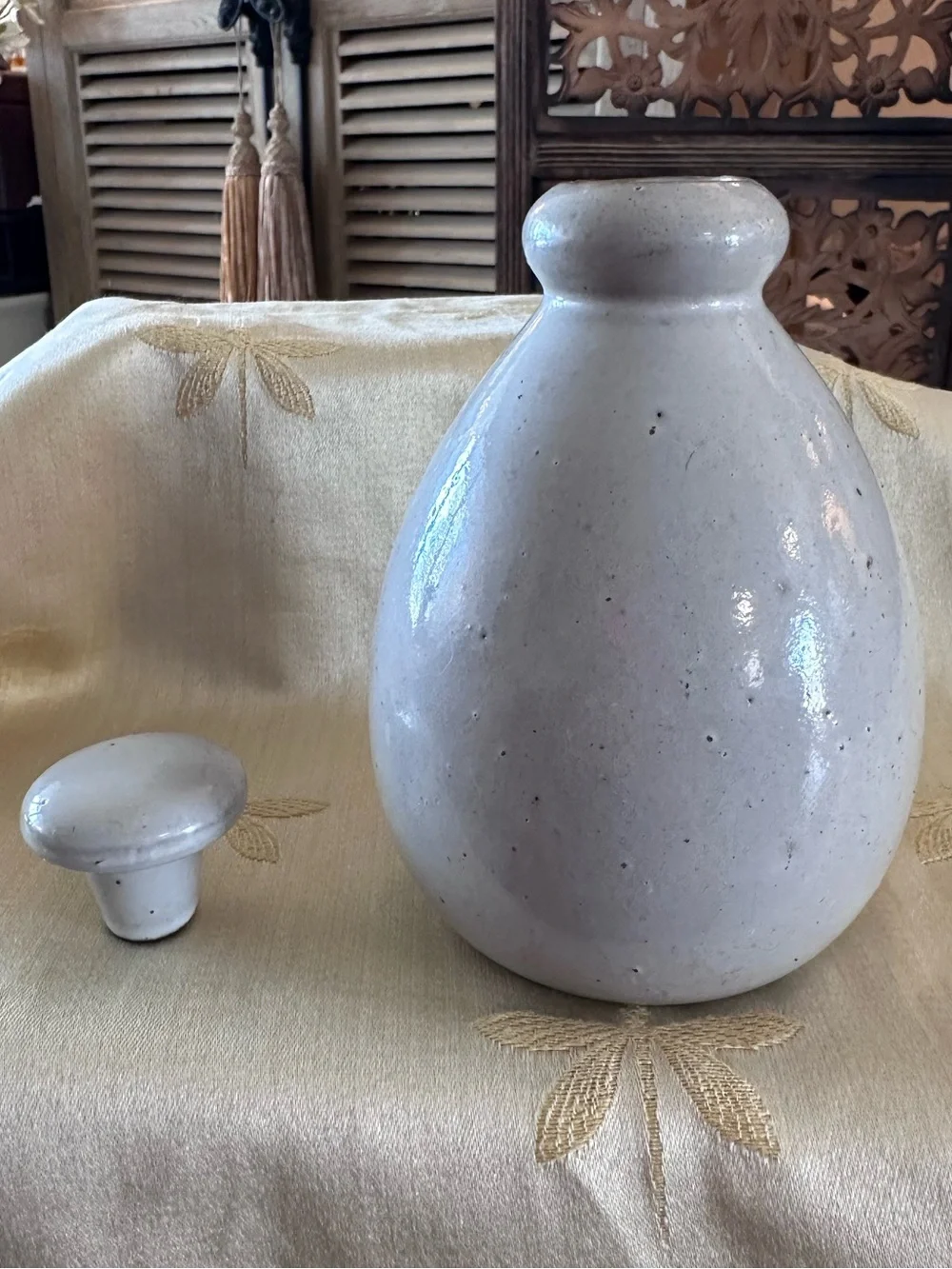Crate & Barrel Grayish White Speckled Glazed Ceramic Stoneware Olive Oil Cruet.